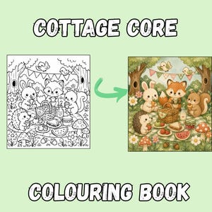 Puede incluir: Una p&aacute;gina de libro para colorear con una ilustraci&oacute;n de l&iacute;neas en blanco y negro de un picnic en el bosque con un conejo, un zorro, una ardilla y un erizo, junto a una versi&oacute;n a todo color. El texto COTTAGE CORE y COLOURING BOOK es visible.