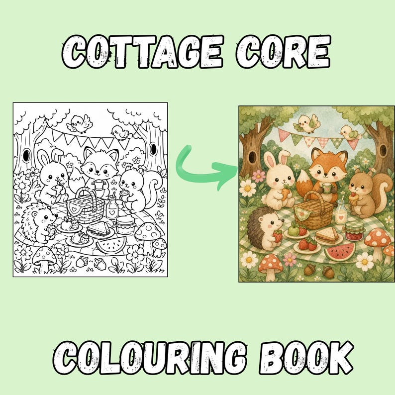 Puede incluir: Una p&aacute;gina de libro para colorear con una ilustraci&oacute;n de l&iacute;neas en blanco y negro de un picnic en el bosque con un conejo, un zorro, una ardilla y un erizo, junto a una versi&oacute;n a todo color. El texto COTTAGE CORE y COLOURING BOOK es visible.