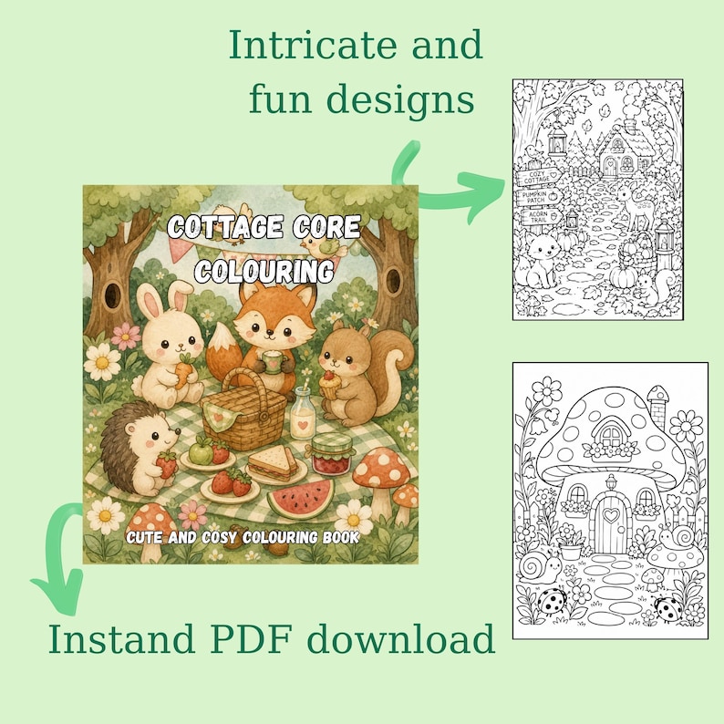 Puede incluir: Un libro de colorear digital titulado COTTAGE CORE COLOURING con una escena de picnic con un conejo, zorro, ardilla y erizo. Incluye dos p&aacute;ginas en blanco y negro con una caba&ntilde;a forestal y una casa seta. Texto: Intricate and fun designs, COTTAGE CORE COLOURING, CUTE AND COSY COLOURING BOOK, Instand PDF download.