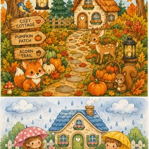 Puede incluir: Una ilustraci&oacute;n en dos partes con una caba&ntilde;a. La parte superior muestra un zorro, un ciervo, una ardilla, calabazas y un cartel que dice COZY COTTAGE, PUMPKIN PATCH y ACORN TRAIL. La parte inferior muestra a dos ni&ntilde;os con paraguas y patos.