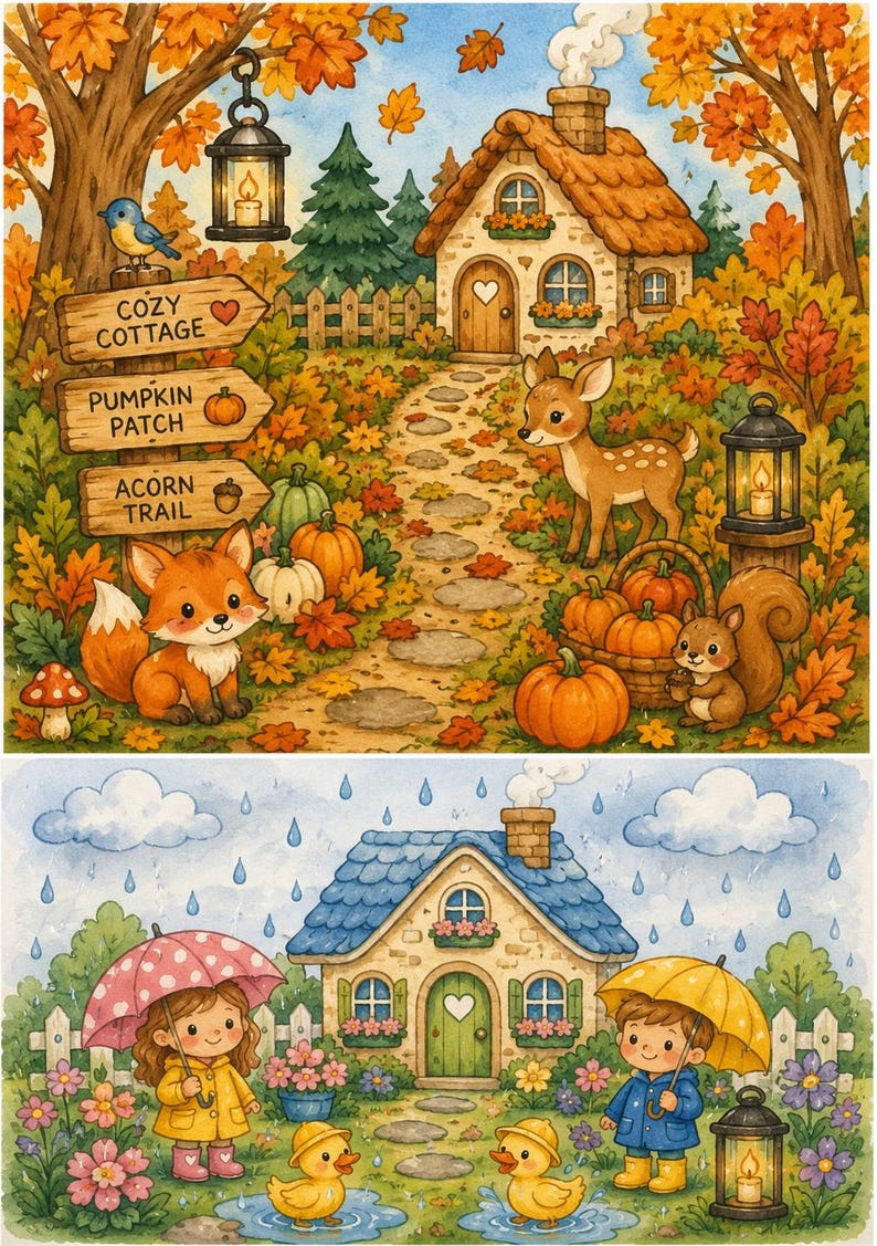 Puede incluir: Una ilustraci&oacute;n en dos partes con una caba&ntilde;a. La parte superior muestra un zorro, un ciervo, una ardilla, calabazas y un cartel que dice COZY COTTAGE, PUMPKIN PATCH y ACORN TRAIL. La parte inferior muestra a dos ni&ntilde;os con paraguas y patos.