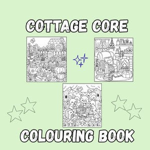 Puede incluir: Un libro para colorear titulado COTTAGE CORE COLOURING BOOK con tres ilustraciones en blanco y negro. Arriba a la izquierda un jard&iacute;n, arriba a la derecha una habitaci&oacute;n acogedora con chimenea y abajo un picnic con animales del bosque.