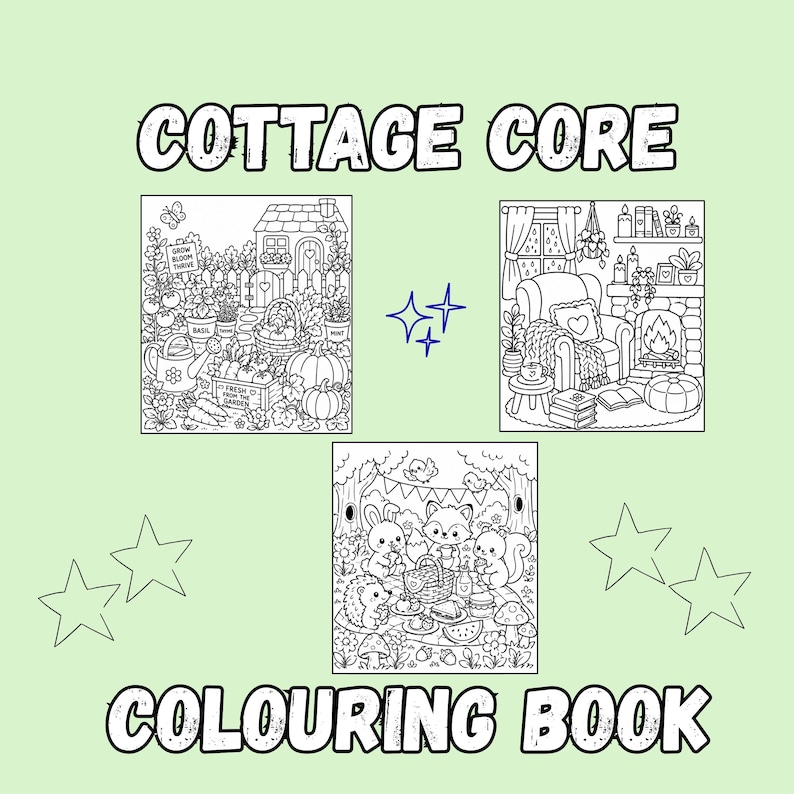 Puede incluir: Un libro para colorear titulado COTTAGE CORE COLOURING BOOK con tres ilustraciones en blanco y negro. Arriba a la izquierda un jard&iacute;n, arriba a la derecha una habitaci&oacute;n acogedora con chimenea y abajo un picnic con animales del bosque.