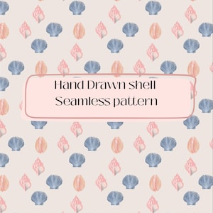 May include: A seamless pattern featuring hand-drawn illustrations of seashells in shades of blue and peach on a light beige background. A central rectangular box with a pink border contains the text Hand Drawn shell Seamless pattern.