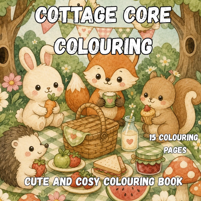 Puede incluir: Un libro para colorear titulado COTTAGE CORE COLOURING con una escena de picnic con un conejo, un zorro, una ardilla y un erizo. La portada muestra una cesta de picnic, comida y el texto 15 COLOURING PAGES CUTE AND COSY COLOURING BOOK en un bosque.