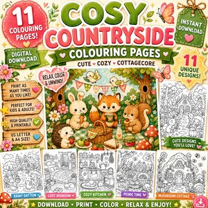 Puede incluir: Una colecci&oacute;n digital de 11 p&aacute;ginas para colorear Cosy Countryside con animales como un zorro, un conejo y una ardilla de picnic. El conjunto incluye etiquetas de texto para descarga instant&aacute;nea, alta calidad y tama&ntilde;o A4.