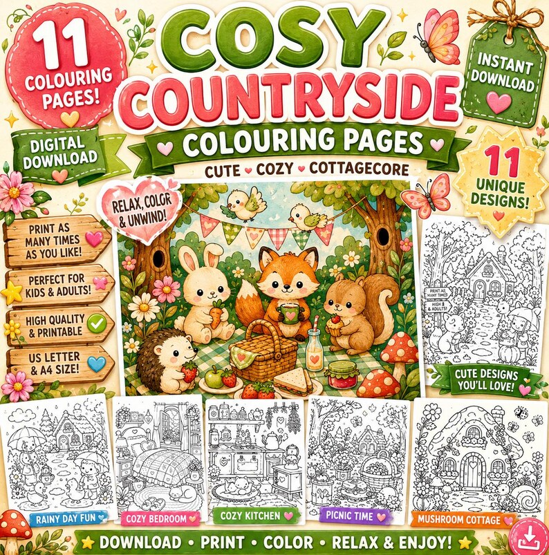 Puede incluir: Una colecci&oacute;n digital de 11 p&aacute;ginas para colorear Cosy Countryside con animales como un zorro, un conejo y una ardilla de picnic. El conjunto incluye etiquetas de texto para descarga instant&aacute;nea, alta calidad y tama&ntilde;o A4.