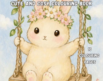 Libro para colorear de conejitos Hygge acogedores para adultos, lindas páginas para colorear con temática de bosque y estilo cottagecore, descarga digital en PDF fácil e imprimible.