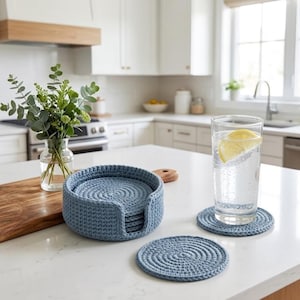 Crochet Coaster Pattern PDF, Beginner Crochet Coaster Set with Holder, Easy Modern Home Decor Pattern, Minimalist Cotton Coasters, DIY Gift