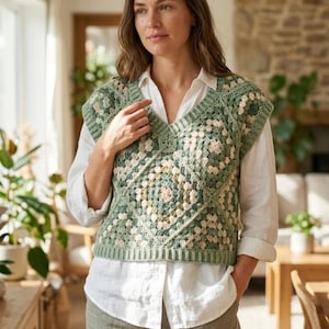 Crochet Granny Square Vest Pattern | Vintage 70s Boho Sweater Vest PDF | Size Inclusive XS to 5XL | Floral Patchwork Crop Top Tutoria