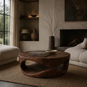 Mesa de centro escultural de madera, mesa moderna orgánica, mesa ondulada de madera maciza, muebles de salón hechos a mano