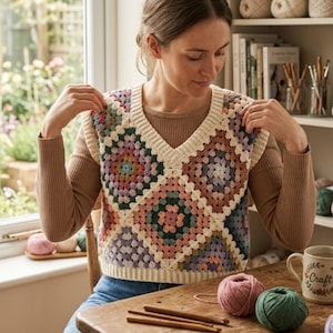 Peut inclure: Un gilet sans manches à col en V arborant un motif au crochet de type granny square multicolore. Le vêtement est composé de fils de différentes couleurs, notamment rose poudré, vert, bleu et violet, avec une bordure côtelée crème.