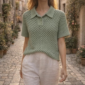 May include: A light green crochet polo shirt with short sleeves and a collared neckline. The shirt has a buttoned placket and a textured, open weave design. The model is wearing light-colored pants. The background is a cobblestone street.
