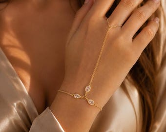 Gold Hand Chain Bracelet | Crystal Finger Bracelet | Bridal Hand Jewelry | Wedding Accessory | Dainty Hand Chain | Gift for Her
