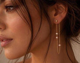 Gold Pearl Threader Earrings, Freshwater Pearl Chain Dangle, Minimalist Wedding Jewelry