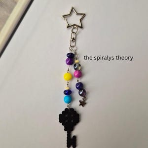 Coraline Star Key Beaded Keychain, Friendship Matching Bag Charm, Perler Bead Phone Accessory image 1