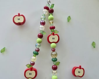 Handmade Apple Beaded Wristlet Charm, Red Green Fruit Keychain Strap