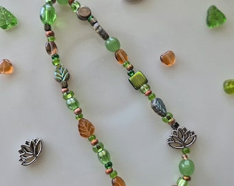 Cottagecore Beaded Phone Charm | Moss Green Amber Leaf Lotus Wrist Strap