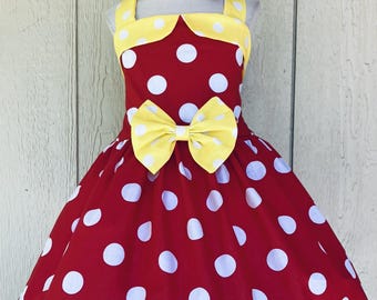 Girls Toddler Minnie Inspired Red/Yellow With  White Dots Spring Summer Halter Dress