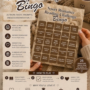 Könnte beinhalten: Sport Romance Reading Challenge Bingo Spiel mit 25 Lese-Herausforderungen. Enthält Themen wie "Hockey Romance" und "Enemies to Lovers". Ideal für Lese-Challenges und Buchclubs.