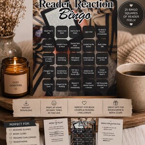 Könnte beinhalten: Reader Reaction Bingo-Spiel mit 25 Feldern für Lesergefühle. Enthält Aufforderungen wie "Ugly Cried" und "Started Next Book Immediately". Mit Texten: "Sofort-Download", "Zuhause drucken" und "Perfekt für Bücherliebhaber".
