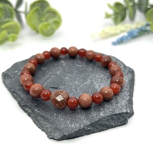 Goldstone Red Agate Beaded Bracelet, Mens Energy Stretch Jewelry