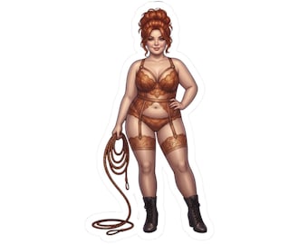 Bdsm sticker ,kinky redhead with whip ,sexy sticker, lingerie bullwhip, Bondage