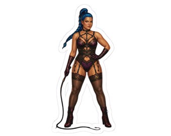 Bdsm sticker ,kinky hot chick with whip in lace panties and bra . Female with blue hair
