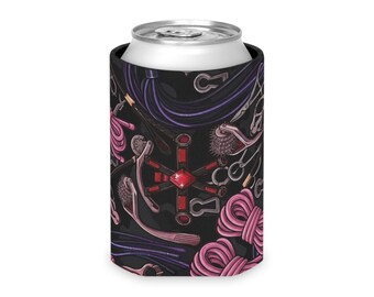 St Andrews Cross can cooler bdsm print, kinky bondage whip , handcuffs , nipple clamps, bondage rope