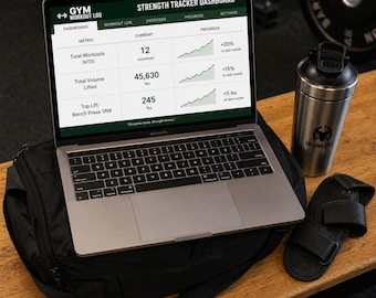 Gym Workout Log and Strength Tracker Spreadsheet with Progressive Overload and 1RM Calculator