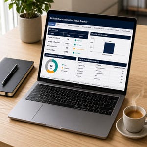 May include: A laptop displaying an AI Workflow Automation Setup Tracker dashboard with KPI metrics, a monthly cost bar chart, an automation status donut chart, and a table of top AI tools with their respective monthly costs in US dollars.