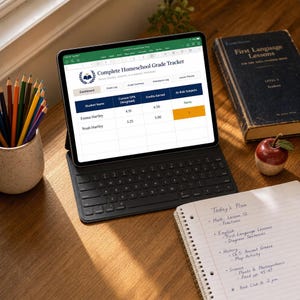 May include: A tablet with a keyboard case displaying a Complete Homeschool Grade Tracker spreadsheet, a ceramic pencil holder with colored pencils, a hardcover book titled First Language Lessons, a small apple-shaped object, and a spiral notebook.