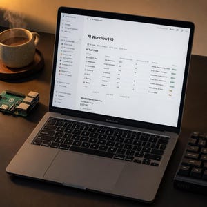 May include: A silver laptop displaying an AI Workflow HQ dashboard with a table of AI tools, including ChatGPT Plus, Midjourney, and ElevenLabs. The screen shows columns for category, monthly cost, value score, and status alongside a Raspberry Pi board.