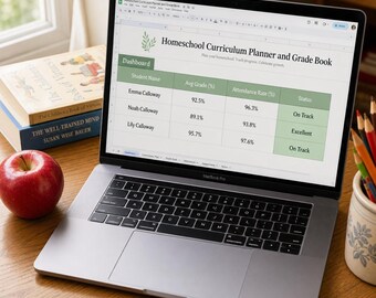 Homeschool Curriculum Planner and Grade Book Spreadsheet with Attendance Tracker and Report Card