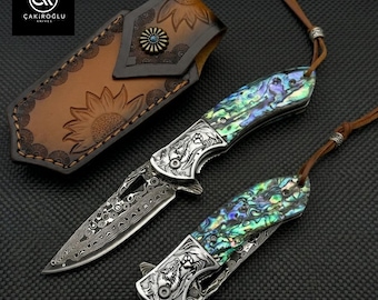 Damascus Pocket Folding Knife with Sheath - Personalized Gift for Him Anniversary , Groomsman gift