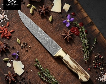 Hand Forged Damascus Steel Sacrifice Knife with Stag Horn Handle, Brass Guard