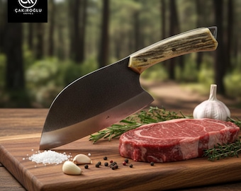 Cuchillo de chef Almazan N690, mango de cuerno de ciervo, picador de verduras serbio