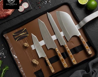 Juego de cuchillos de chef artesanales de 4 piezas con bolsa y tabla de cortar – Mango de Werzalit