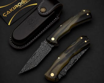 Navaja plegable de bolsillo de acero de Damasco hecha a mano con funda - Mango de cuerno de carnero, regalo personalizado