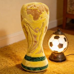 May include: A yellow plush trophy with gold embroidery of a world map and figures. The base has green and yellow stripes. A soccer ball-shaped lamp with black and white panels sits nearby, illuminating the scene.
