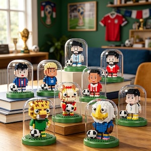 Puede incluir: Una colección de figuras pixeladas de futbolistas, cada una dentro de una cúpula transparente. Las figuras visten varios uniformes de equipo y sostienen balones de fútbol. La colección incluye un jaguar y un águila.