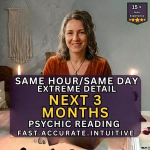 Può includere: Una persona con capelli ondulati alle spalle indossa un top color ruggine. Il testo sovrapposto recita: 15+ Years Experience, SAME HOUR/SAME DAY EXTREME DETAIL, NEXT 3 MONTHS, PSYCHIC READING, FAST.ACCURATE.INTUITIVE. Due candele accese sono visibili.