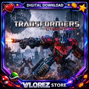 May include: Digital download graphic for Transformers: War for Cybertron. The image features a red and blue robot aiming a weapon, with the game title prominently displayed. The background shows a futuristic city. The image is framed with a neon border and includes the text "Vlorez Store".
