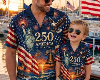 Personalized America 250 Matching Hawaiian Shirt: Patriotic Dad And Kids USA 250 Eagle Liberty Beach Shirt, Custom Gift