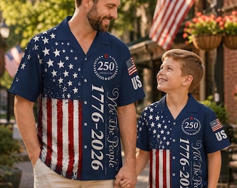 Personalized America 250 Matching Hawaiian Shirt: Patriotic Dad And Kids We The People USA Flag Button Up Shirt, Custom Gift