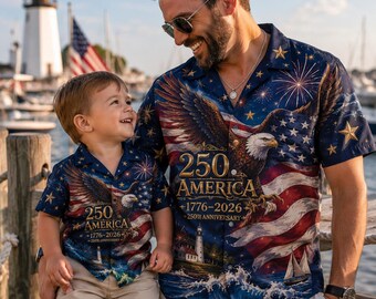 Personalized America 250 Matching Hawaiian Shirt: Patriotic Dad And Toddler Eagle Lighthouse Button Up Shirt, Custom Gift