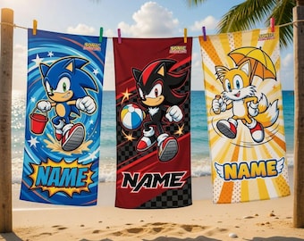 Spersonalizowany ręcznik plażowy Sonic dla dzieci, ręcznik basenowy z imieniem, prezent dla gracza