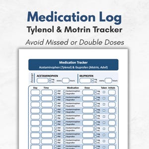 Op de afbeelding: Een wit medicatielogboek met blauwe tekst met de tekst "Medication Log Tylenol & Motrin Tracker Avoid Missed or Double Doses". Het logboek bevat secties voor het volgen van de dosering van Acetaminophen en Ibuprofen, met ruimte voor tijd, medicatie, dosis en initialen.