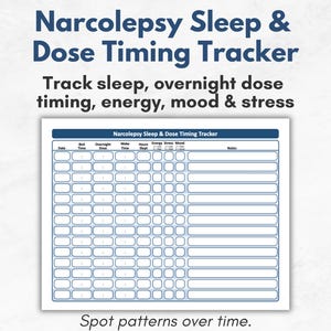 May include: A Narcolepsy Sleep & Dose Timing Tracker log sheet with columns for date, bed time, overnight dose, wake time, hours slept, energy, stress, mood, and notes. The document features a blue header and white grid rows for daily entries.