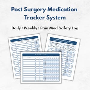 Può includere: Tre fogli di carta bianchi con bordi e testo blu. Il foglio superiore recita "Post Surgery Medication Tracker System" e "Daily • Weekly • Pain Med Safety Log". I fogli sono etichettati "Daily Medication Tracker", "Weekly Medication Tracker" e "Alternating Medication Safety Tracker."